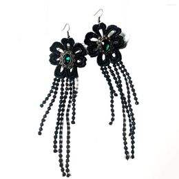 Dangle Earrings Retro Antiqued Bronze Deep Green Chunky Stone Long Drop For Women Big Black Lace Tassel Pendant Earring Vintage Jewellery