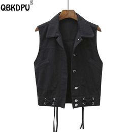 Vests Trendy Bandage Black Denim Vest Women Korean Fashion Lapel Short Sleeveless Jean Jacket Streetwear Punk Cowboy Chaleco Mujer