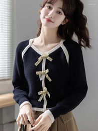 Women's Sweaters Sweater Pullover Vintage Bow Knitted Long Sleeve Tops V Neck Fashion Women Clothing Autumn Winter Pull Femme