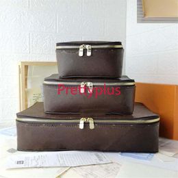 Fashion M43690 Brown flower Storage box Leather Travel Jewellery boxs New set designers Travel Storage box Luggage Fashion Trunk box319g