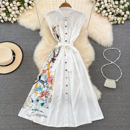 Casual Dresses Korean Version Retro Temperament Lapel Sleeveless Single Breasted Print Elegant Shirt Dress