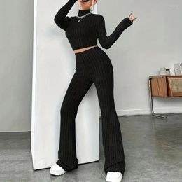 Women's Two Piece Pants Women Elegant Knitted Outfit Cropped Tops High Waist Flared Set Winter Turtleneck Top