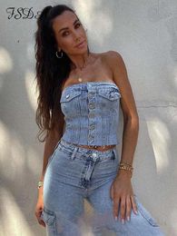 Tops FSDA 2022 Women Denim Tops Tank Corset Wrap Chest Backless Sleeveless Sexy Crop Top Tube Blue Strapless Button Summer Causal