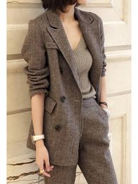 Women's Two Piece Pant Woollen Blazer and Pantsuits Chic Elegant Korean Fashion Trousers Outfits Autumn Female Suit Jacket 2 Sets 231128