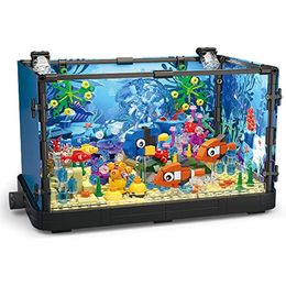 Fish Tank Building Block Toys Set with Light Aquarium Marine Jellyfish Build Bricks Toy for Kids 6 and up