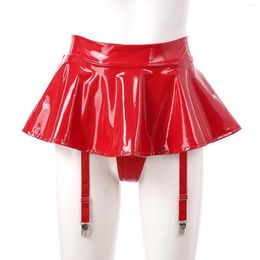 Skirts Sexy Womens Glossy Patent Leather Ruffle Mini Skirt Built-in Thongs Garter Belts Metal Clips Shorts Miniskirt For Pole Dancing