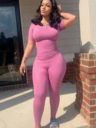 Women's Two Piece Pants Solid Knitted Ribbed Tracksuit Women Set Sporty Fitness T-shirt Top And Legging Matching Sets Workout Casual Outfits