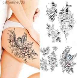 Tattoos Coloured Drawing Stickers Black Flower Rose Waterproof Temporary Bird Snake Sexy Body Arm Leg Gem Henna Tattoo Fashion Big Fake Sleeve StickerL231128