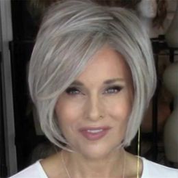 Synthetic Wigs Middle-aged and Elderly Women's Short Curly Hair Gray White Gradient Color Headband Wig Short Hair
