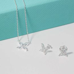 Designer's High version Brand petal four diamond necklace womens pure silver 925 simple and fashionable earring set