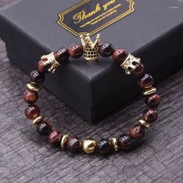 Strand Luxurious Micro Pave Black CZ Zirconia King Crown Charm Bracelet Men Natural Red Tiger Eye Stone Bead Erkek Bileklik