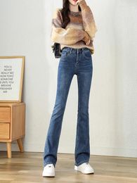 Women's Jeans Autumn Winter Style Micro-bladed Long Legs High Waist Stretchy Slim Fit Flared Straight Trousers