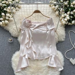Women's Blouses Fashion Satin Shirt 3D Flower Square Neck Long Flare Sleeve Solid Colour Elegant Blouse Tops Blusa Mujer L616