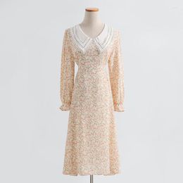Casual Dresses Spring Autumn Vintage Long Sleeve Print Floral High Waist A-Line Doll Collar Chiffon Dress Elegant Women