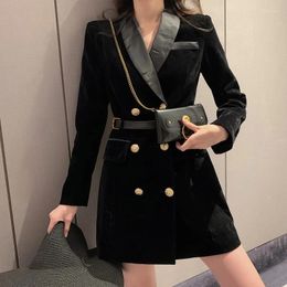 Casual Dresses 2023 Winter Elegant Velvet Suit Jacket Double Breasted Long Sleeve Ladies Black Belt Bag Women's Slim Blazer Dress