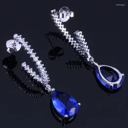 Dangle Earrings Shining Water Drop Blue Cubic Zirconia White CZ Silver Plated V0365