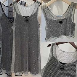 Sleeveless Womens Dress Hollowed Black Satin Sling Dress Rhinestone Shiny Hollow Vest Dresses Set Denim Bra Tops Size S-L