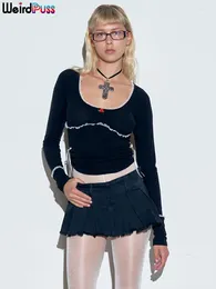 Women's T Shirts Weird Puss Lace Spliced Women Crop Tops Ribbon Bandage O Neck Full Sleeve Skinny Causal Basic Streetwear Y2K 2023 Fashion