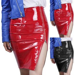 Skirts Shiny PU Leather High Waist Skirt Tight Hip Pack Side Zipper Slit Elastic Slim Fit