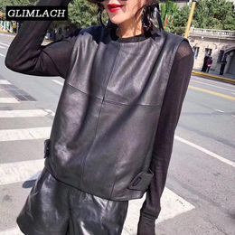 Jackets Women Genuine Leather Waistcoat Sheepskin Loose Fit Pullover Sleeveless Jacket Lady Autumn Short Leather Vest Streetwear Tops