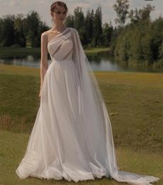 Elegant Long Beaded One Shoulder Ivory Wedding Dresses With Cape A-Line Pleated Tulle Sweep Train Bridal Gown Zipper Back Vestido de novia Women Dresses