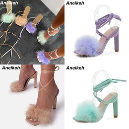 Sandals New Summer Rome Fashion Furry Cross-tied Women Pumps Sexy 11cm Thin High Heel Lace-up Dress Party Ladies Sandals 230316