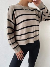 Women sweater round neck striped casual women sweater pullover design fashionable sexy women jacket