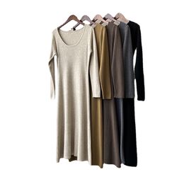 Solid color U-neck sweater dress for women's 2023 autumn new pullover bottom skirt high waisted long skirt