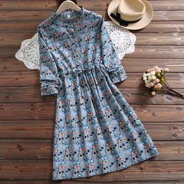 Casual Dresses Spring Autumn Japanese Mori Girl Dress Style Stand Collar Long Sleeve Colourful Print Cotton