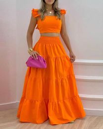 Two Piece Dress Summer Female Style Ruffled Suspenders Pleated Back Crop Top and Long Skirt Solid Colour Two-piece Set Women Fashion 230428