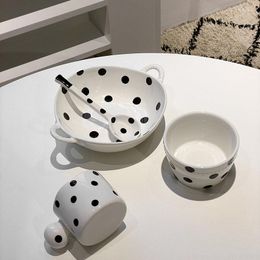 Dinnerware Sets European Black White Polka Dot Ceramic Tableware Household Two-ear Soup Bowl Rice Water Cup Spoon Oneperson Four-piece Suit