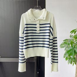 Women's Sweaters 2023 Fall And Winter French Lazy Style Blue White Stripes Loose Thin Long-sleeved Lapel Knitted Sweater Commuting Versatile