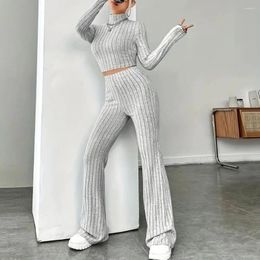 Women's Two Piece Pants Slim Fit Women Suit Turtleneck Tops Long Set Elegant Knitted Winter Outfit Cropped Top High Waist Flared