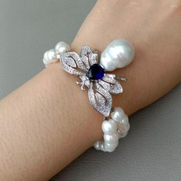 Strand White Cultured Freshwater Pearl And Keshi Cubic Zirconia Micro Pave Butterfly Bracelet 8" Wedding For Women