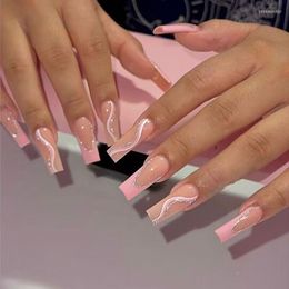 False Nails 24pcs/Set Nude Pink French Simple Detachable Line Square Head Glitter Fake Artificial Nail Art Full Cover TIps