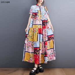 Plus Size Dresses Korea Fashion Floral Print Shirt For Women Loose Casual Short Sleeve Vintage Summer Long Dress Clothing