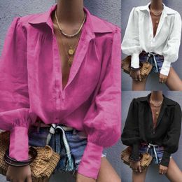 Women's Blouses Shirts Womens Loose Blouse long Sleeve V Neck Button Down Chemisier Femme Blusas Mujer de Moda Solid Casual Top Shirts Office lady P230427