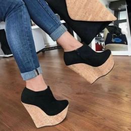 Dress Shoes Elegant Women Pumps Wedges High Heels Platform Black Suede Woman Size 5-15