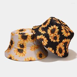 Berets Double-side Harajuku Bucket Hat Fishing Outdoor Cap Women Hats Sunscreen Sunflower Embroidery Fisherman Panama