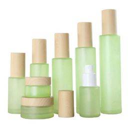 20ml 30ml 40ml 60ml 80ml 100ml 120ml Green Frosted Glass Cream Jar Mist Spray Lotion Pump Bottle with Imitation Wooden Lids Caps Jbfsx