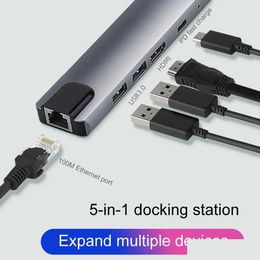 Docking Stations Usb3.0 Type C Hub 5In1 4K Hdtv Usbc A Gigabit Ethernet Rj45 Lan Mti Splitter Adapter With Power For Book Pro 13 15 Ai Dhykf