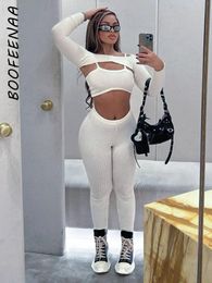 Pants BOOFEENAA 3 Piece Legging Set White Ribbed Crop Top and Pants Streetwear Sexy Matching Workout Set for Women Clothes C85DZ33