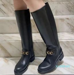 alfskin round toe Letter buckle side zipper Knight booties women's outdoor shoes luxury designers Flat shoes