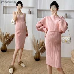 Maternity Tops Tees 2022# 2PCS/Set Autumn Winter Korean Fashion Knitted Maternity Sweaters Dress Suits A Line Slim Clothes for Pregnant Women LovelyL231128