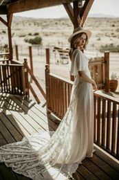 2024 Romantic Bohemian A Line Wedding Dresses Lace And Chiffon Country Bridal Gowns V-Neck Backless Sexy Long Summer Beach Bride Dress