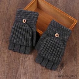 Children's Mittens Men Outdoor Cycling Half Finger Flip Wool Knitted Warm Gloves Winter Students Writing Fingerless Touch Screen Driving Mitten