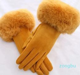 Five Fingers Gloves Women Faux Rabit Fur Wrist Suede Leather Touch Screen Driving Glove Winter Warm Plush Thick Full Finger Cycling Black Mitten