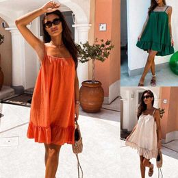 Summer Solid Colour And Dress V Neck Backless Cap Sleeve Loose Ruffled