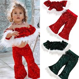 Clothing Sets 1-6Y Baby Girls Christmas Clothes Sets Cosplay Santa Claus Fur Sequined Short Sleeve Off Shoulder Tops with Pants Kids Costume 231127
