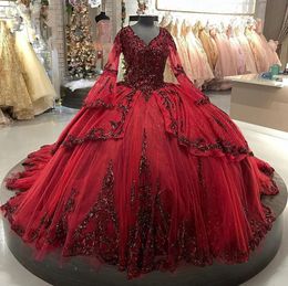 Princess Burgundy Quinceanera Dresses With Bell Long Sleeves Ball Gown Luxury Sweet 16 Dress Court Train Glitter Sequin Lace Appliques Prom Formal Party Wear